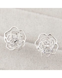 Korean Fashion Czech Rhinestone Embedded Hollow Rose Design Ear Studs - Silver