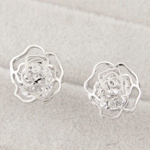 Korean Fashion Czech Rhinestone Embedded Hollow Rose Design Ear Studs - Silver