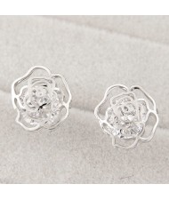 Korean Fashion Czech Rhinestone Embedded Hollow Rose Design Ear Studs - Silver