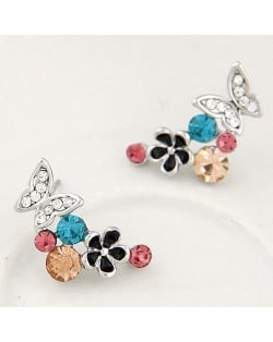Sweet Flying Butterfly and Flowers Design Fashion Earrings - Silver