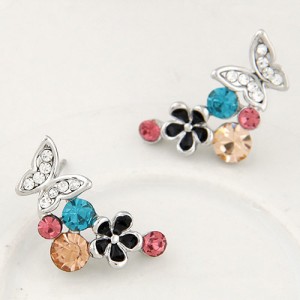 Sweet Flying Butterfly and Flowers Design Fashion Earrings - Silver