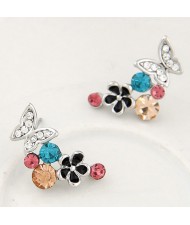 Sweet Flying Butterfly and Flowers Design Fashion Earrings - Silver