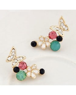 Sweet Flying Butterfly and Flowers Design Fashion Earrings - Golden