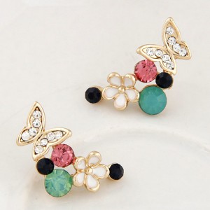 Sweet Flying Butterfly and Flowers Design Fashion Earrings - Golden
