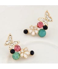 Sweet Flying Butterfly and Flowers Design Fashion Earrings - Golden