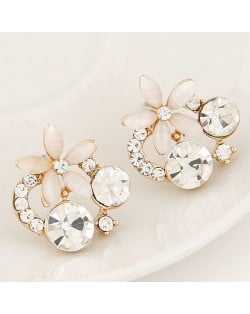 Korean Fashion Czech Rhinestone Decorated Cute Opal Flower Ear Studs - White