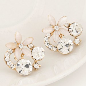 Korean Fashion Czech Rhinestone Decorated Cute Opal Flower Ear Studs - White