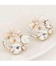 Korean Fashion Czech Rhinestone Decorated Cute Opal Flower Ear Studs - White