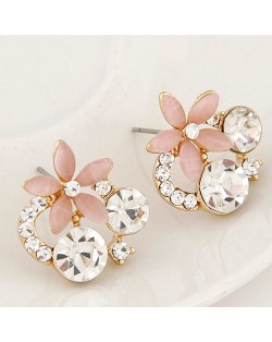 Korean Fashion Czech Rhinestone Decorated Cute Opal Flower Ear Studs - Pink