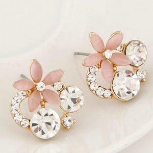 Korean Fashion Czech Rhinestone Decorated Cute Opal Flower Ear Studs - Pink