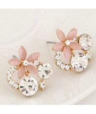 Korean Fashion Czech Rhinestone Decorated Cute Opal Flower Ear Studs - Pink