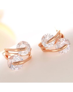 Dual Round Cubic Zirconia Embellished Hollow Design Fashion Ear Studs - Champagne Gold