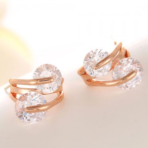 Dual Round Cubic Zirconia Embellished Hollow Design Fashion Ear Studs - Champagne Gold