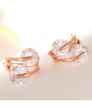 Dual Round Cubic Zirconia Embellished Hollow Design Fashion Ear Studs - Champagne Gold