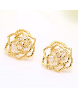 Dual Round Cubic Zirconia Embellished Hollow Design Fashion Ear Studs - Golden