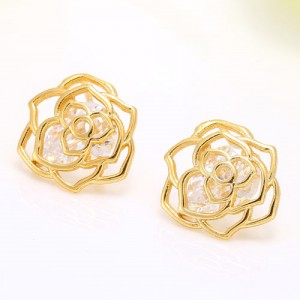 Dual Round Cubic Zirconia Embellished Hollow Design Fashion Ear Studs - Golden