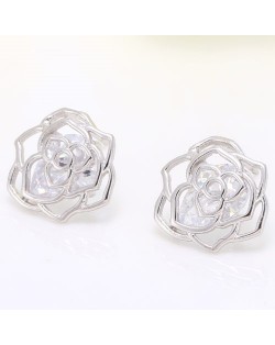 Dual Round Cubic Zirconia Embellished Hollow Design Fashion Ear Studs - Silver