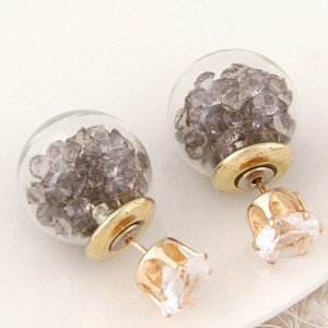 Crystal Pellets Inlaid Shining Ball Fashion Ear Studs - Gray