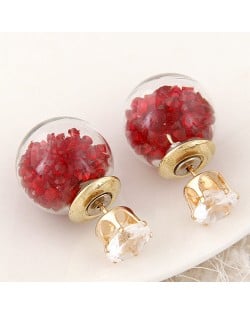 Crystal Pellets Inlaid Shining Ball Fashion Ear Studs - Red