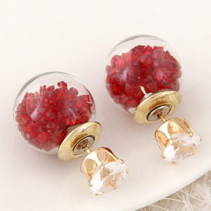 Crystal Pellets Inlaid Shining Ball Fashion Ear Studs - Red