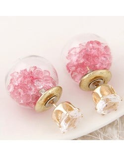 Crystal Pellets Inlaid Shining Ball Fashion Ear Studs - Pink