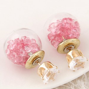 Crystal Pellets Inlaid Shining Ball Fashion Ear Studs - Pink