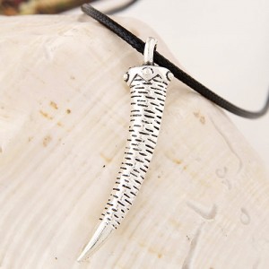 Vintage Silver Ox Horn Pendant Wax Rope Statement Fashion Necklace