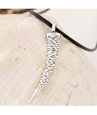 Vintage Silver Ox Horn Pendant Wax Rope Statement Fashion Necklace