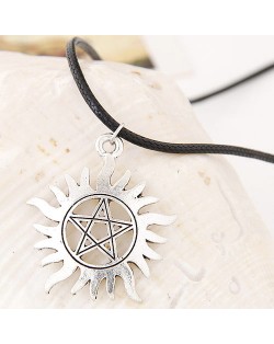Hollow Pentagram Inlaid Pattern Silver Sun Pendant Wax Rope Fashion Necklace
