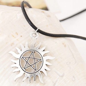 Hollow Pentagram Inlaid Pattern Silver Sun Pendant Wax Rope Fashion Necklace
