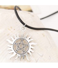 Hollow Pentagram Inlaid Pattern Silver Sun Pendant Wax Rope Fashion Necklace