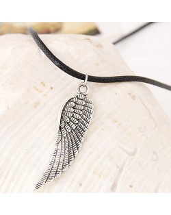 Vintage Silver Angel Wing Pendant Wax Rope Statement Fashion Necklace