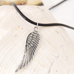 Vintage Silver Angel Wing Pendant Wax Rope Statement Fashion Necklace