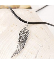 Vintage Silver Angel Wing Pendant Wax Rope Statement Fashion Necklace