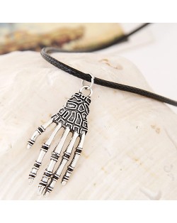Vintage Silver Skeleton Palm Pendant Wax Rope Statement Fashion Necklace