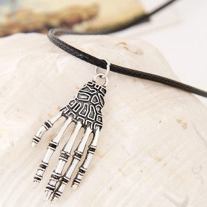 Vintage Silver Skeleton Palm Pendant Wax Rope Statement Fashion Necklace