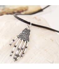 Vintage Silver Skeleton Palm Pendant Wax Rope Statement Fashion Necklace