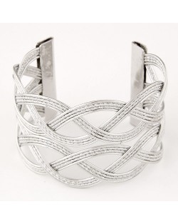 Hollow Wave Pattern Wide Open-end Design Fashion Costume Bangle - Silver