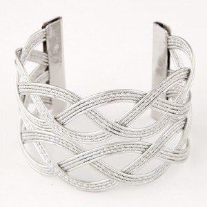 Hollow Wave Pattern Wide Open-end Design Fashion Costume Bangle - Silver