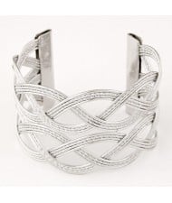 Hollow Wave Pattern Wide Open-end Design Fashion Costume Bangle - Silver