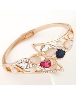 Czech Rhinestone and Colorful Opal Embedded Hollow Wings Design Fashion Bangle