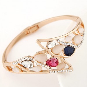 Czech Rhinestone and Colorful Opal Embedded Hollow Wings Design Fashion Bangle