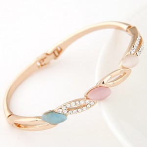 Czech Rhinestone Embellished and Opal Leaves Fashion Bangle