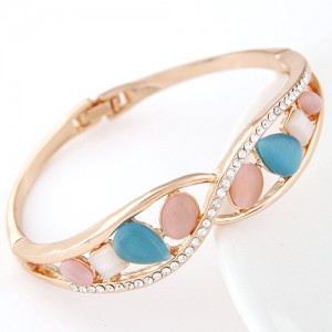 Czech Rhinestone and Opal Embedded Spiral Design Fashion Bangle