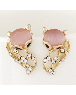 Rhinestone Embellished Cute Opal Fox Fashion Ear Studs - Pink