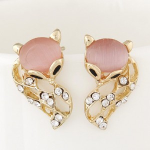 Rhinestone Embellished Cute Opal Fox Fashion Ear Studs - Pink