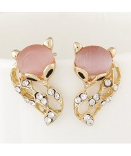 Rhinestone Embellished Cute Opal Fox Fashion Ear Studs - Pink