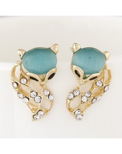 Rhinestone Embellished Cute Opal Fox Fashion Ear Studs - Green