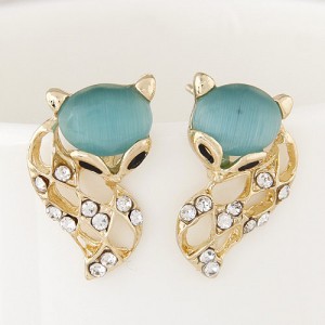 Rhinestone Embellished Cute Opal Fox Fashion Ear Studs - Green