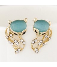 Rhinestone Embellished Cute Opal Fox Fashion Ear Studs - Green